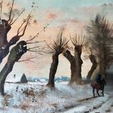 HST painting "Winter landscape with rider" signed Alberty XIX° + frame