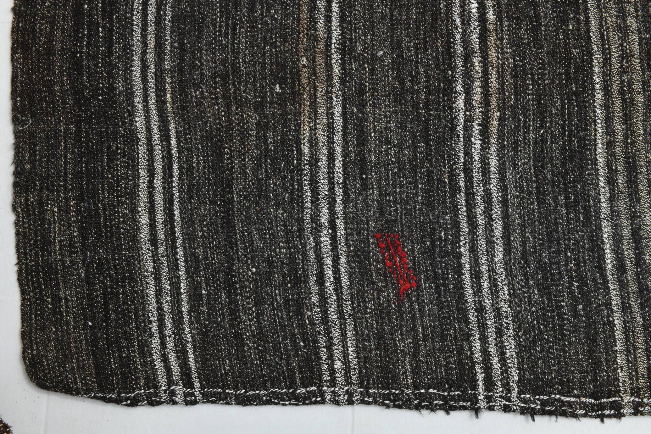 Charcoal Grey Striped Minimal Turkish Kilim Rug, 202x244 Cm