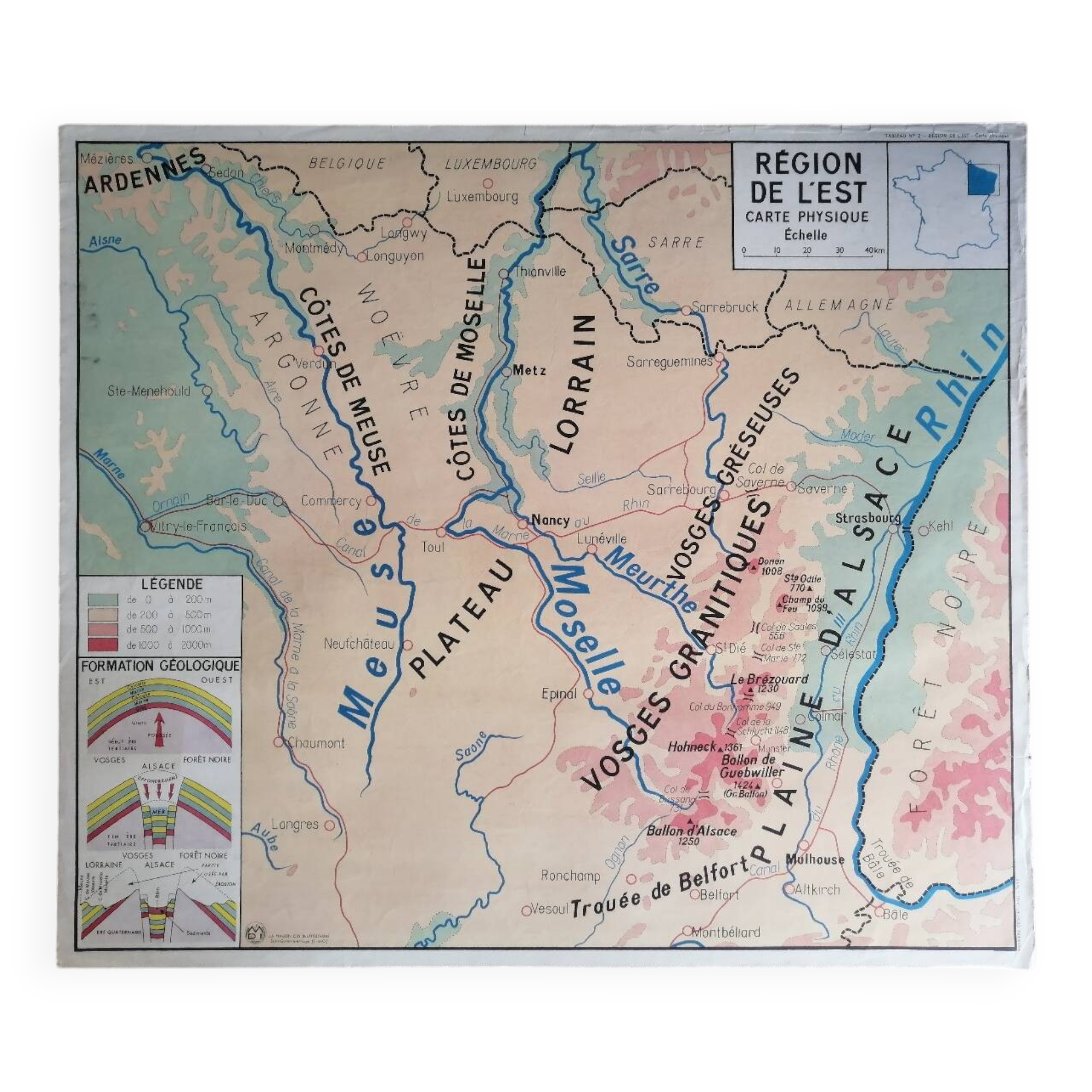 Vintage school map of France, Northern and Eastern Regions