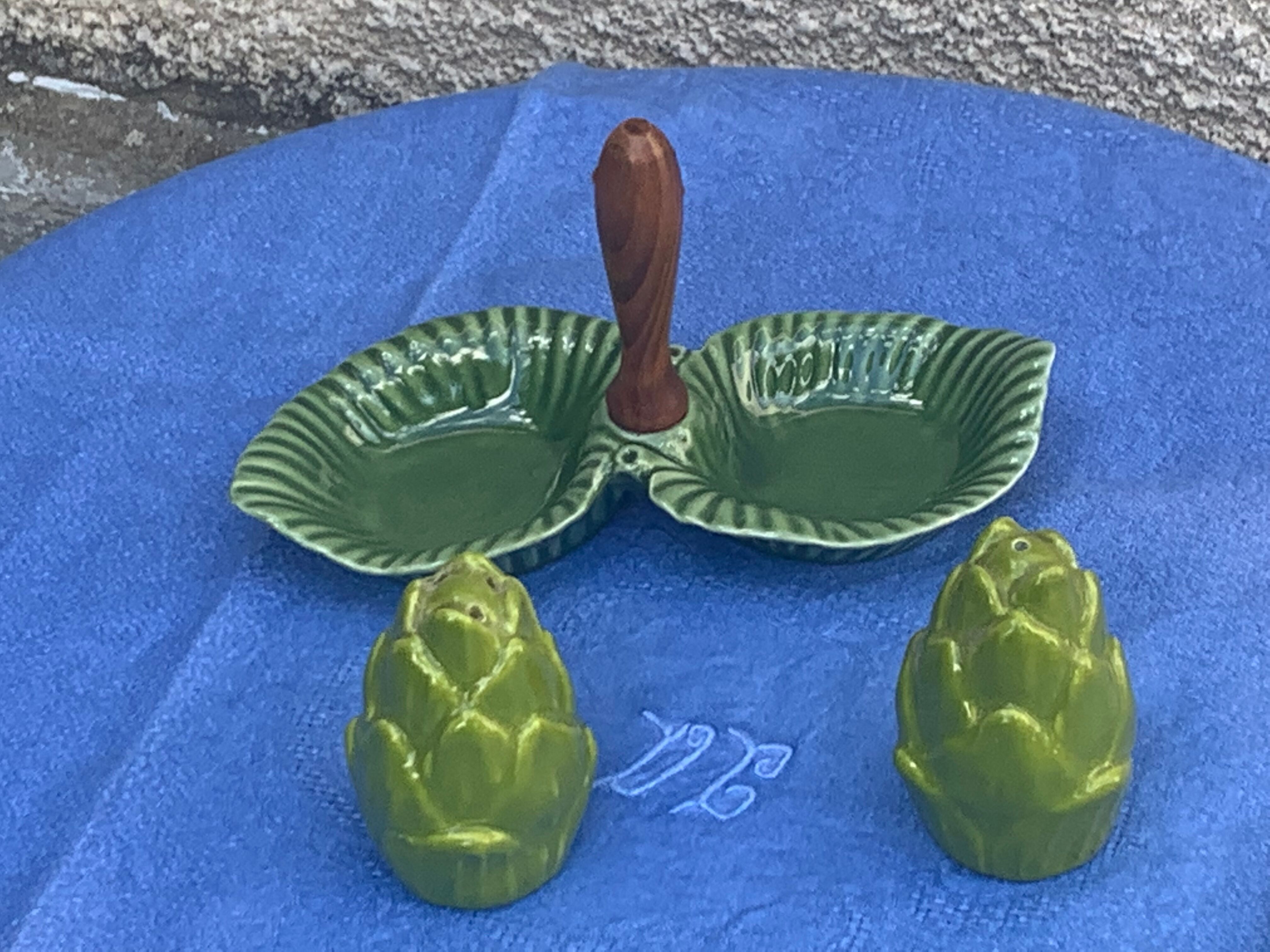 Vintage glazed ceramic barbotine artichoke shaped salt cellars