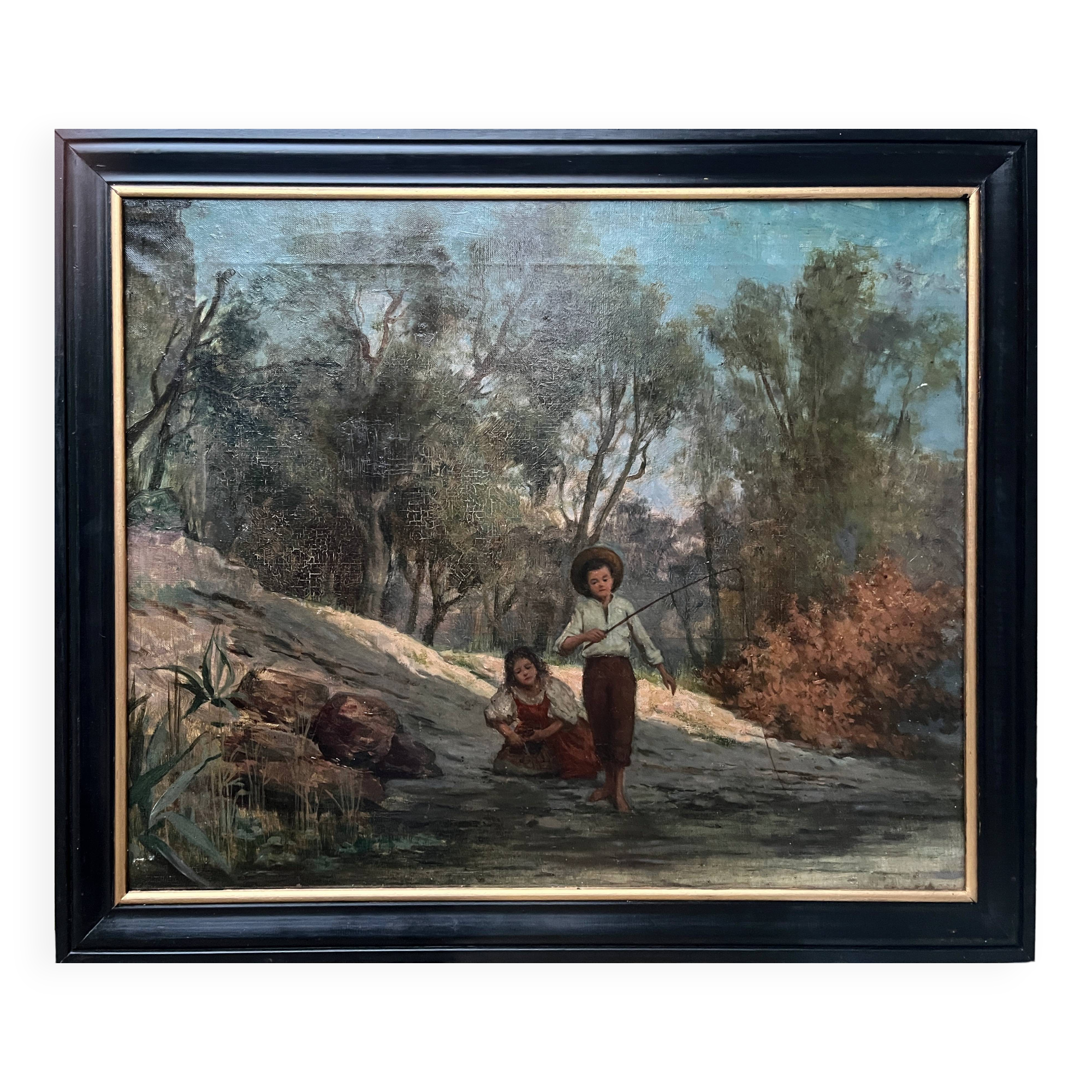 HST painting (19th/20th century) Children fishing in the undergrowth