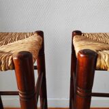 Pair of vintage brutalist stools made of wood and straw, France 1965.