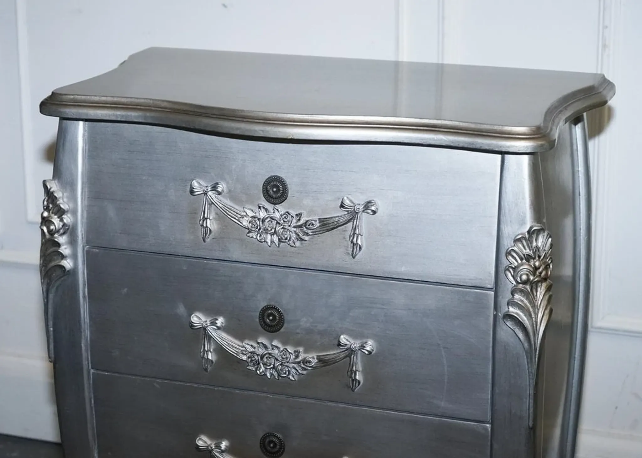 Baroque Grey Silver 3-Drawer Bedside Tables, Set of 2