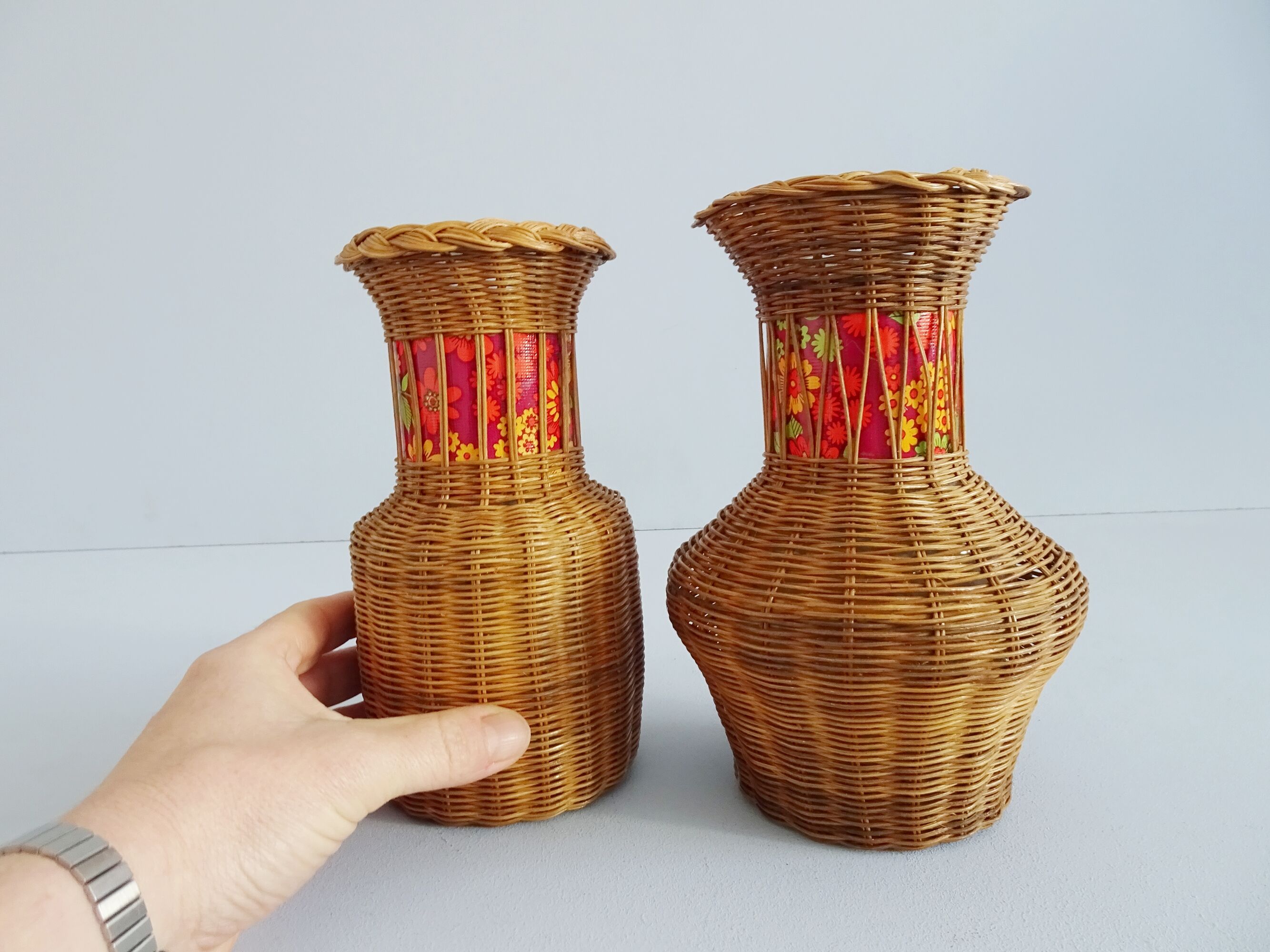 Pair of rattan vases, braided vase 1960