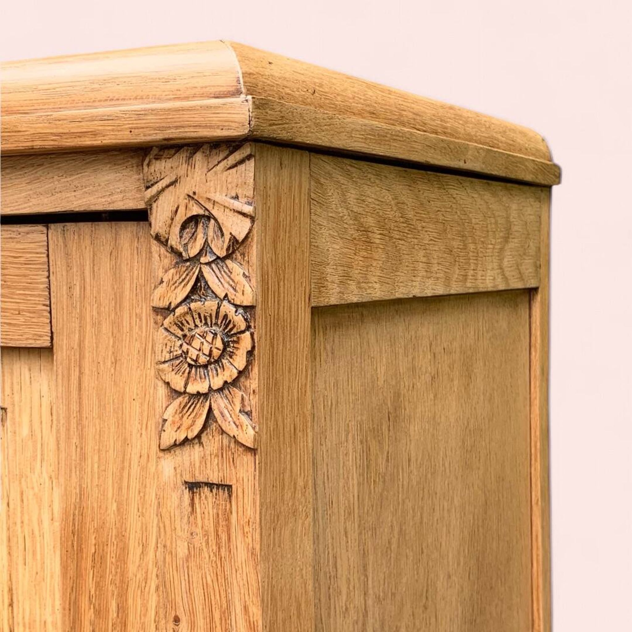 Asymmetrical Art Deco glass-fronted Parisian wardrobe in raw oak, 1930.