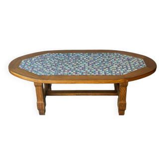 Vintage oval coffee table in solid wood and tiles 125x57x43cm