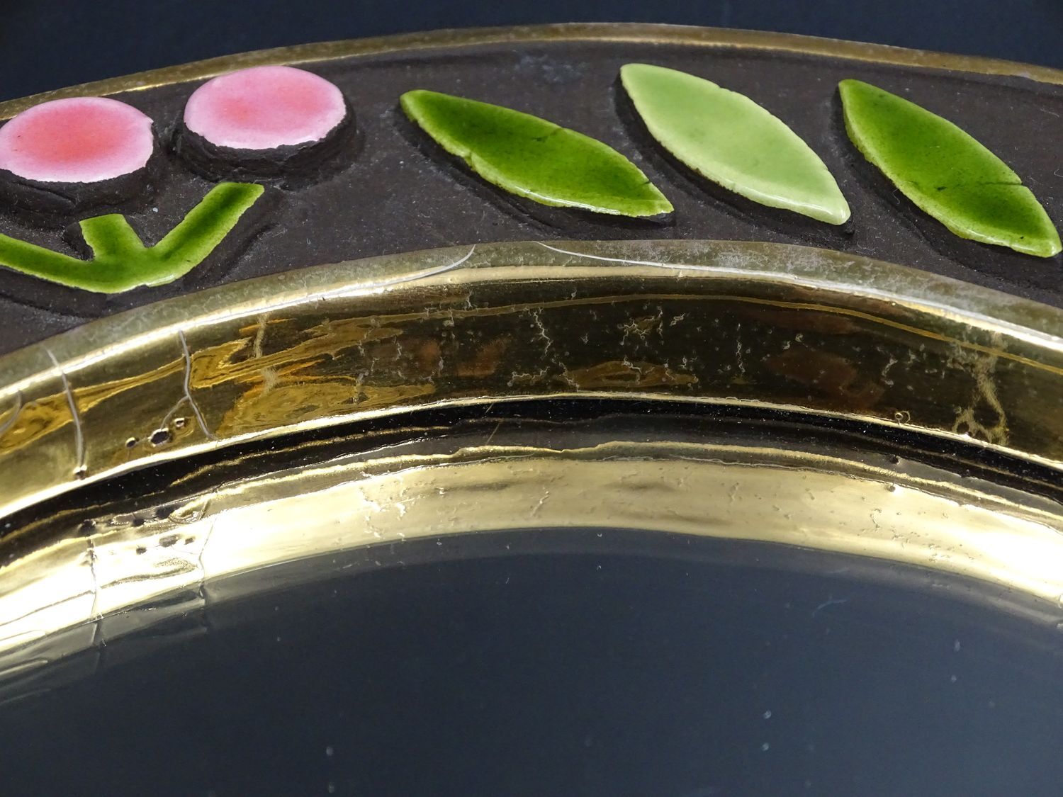 Small round mirror in earthenware- Cherry enamelled decoration - circa 1970