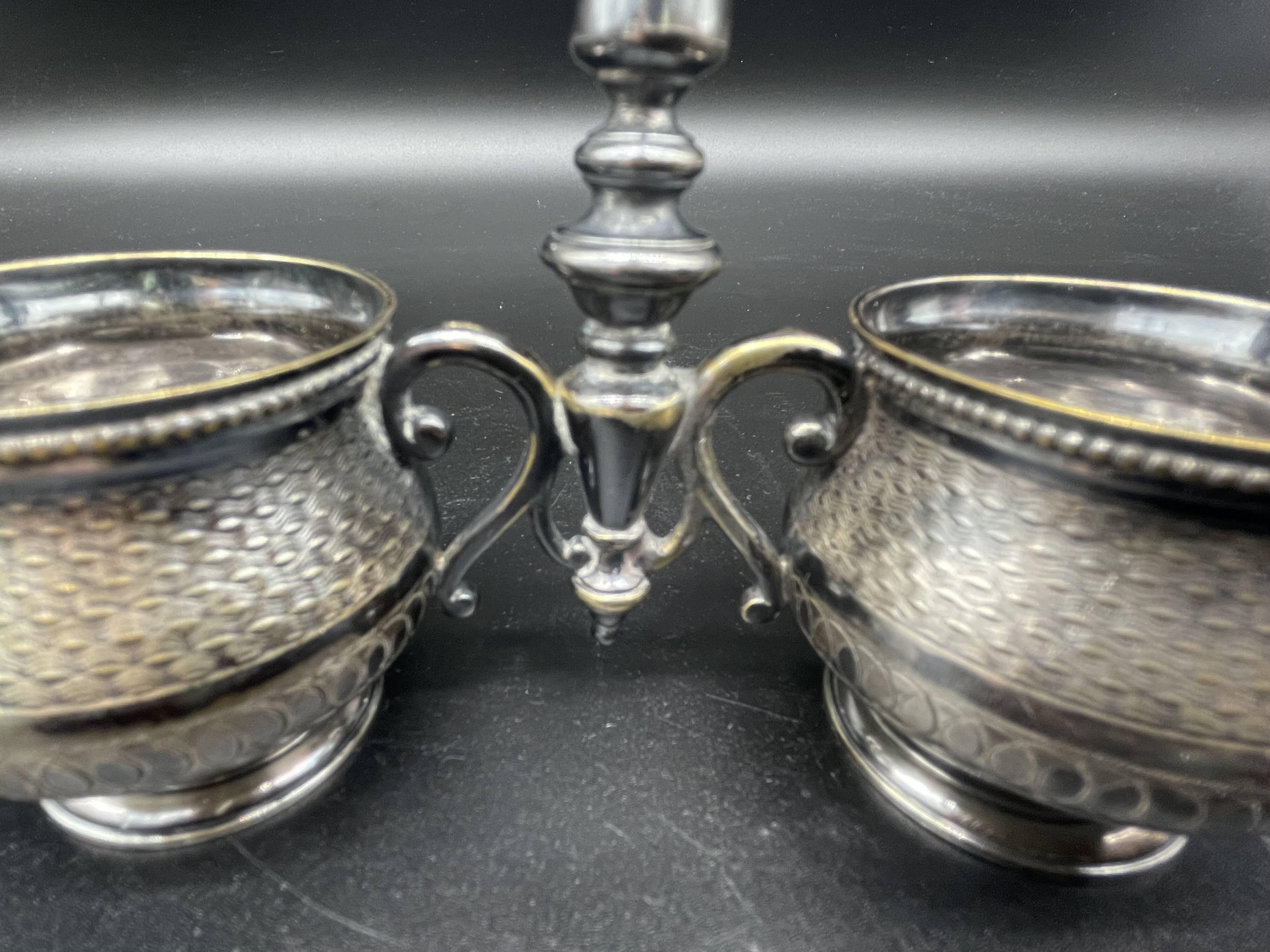 Double salt dish, silver metal, round base, socket, engraved decor, table decoration, chic, hallmark