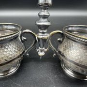 Double salt dish, silver metal, round base, socket, engraved decor, table decoration, chic, hallmark