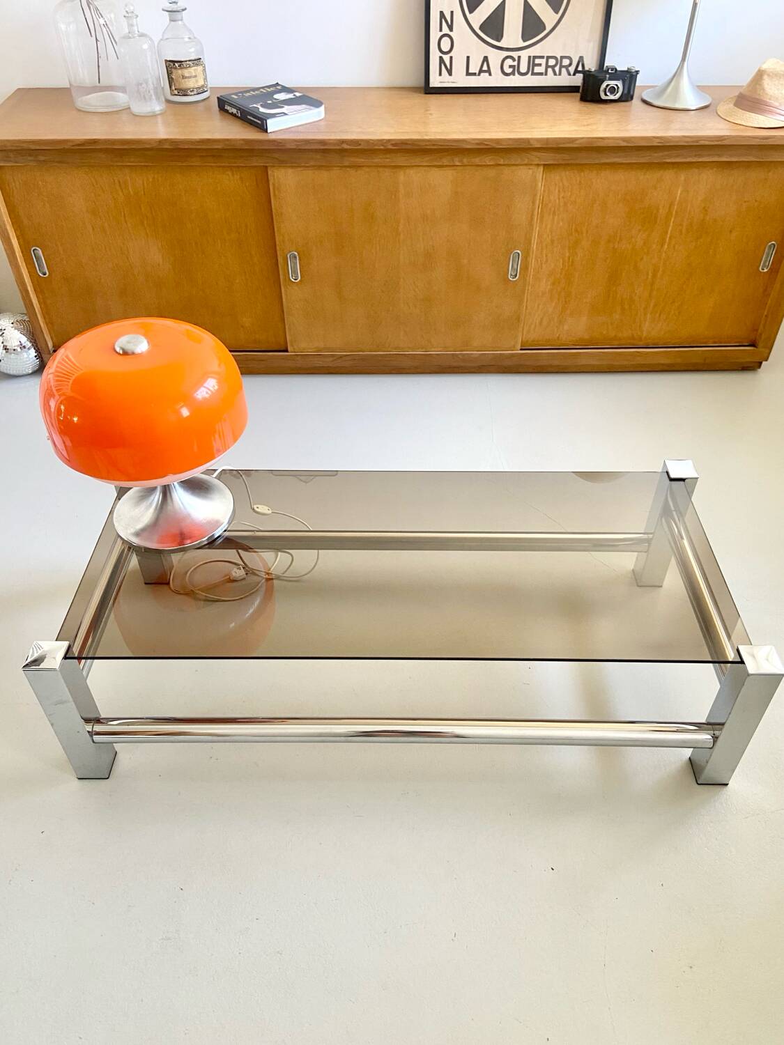Vintage chrome metal table / smoked glass 1970