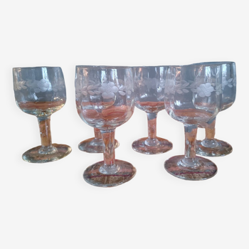 6 anciens verres ballon de bistrot, vers 1900- verre gravé d'un décor floral