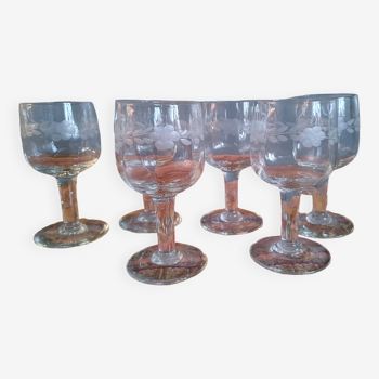 6 old bistro balloon glasses, circa 1900 - glass engraved with a floral decoration