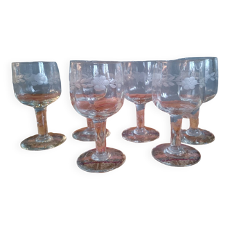 6 old bistro balloon glasses, circa 1900 - glass engraved with a floral decoration