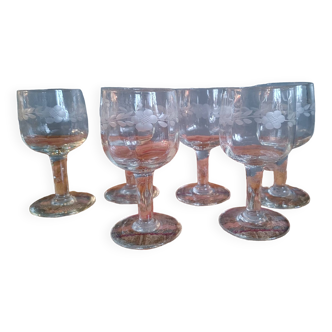 6 anciens verres ballon de bistrot, vers 1900- verre gravé d'un décor floral