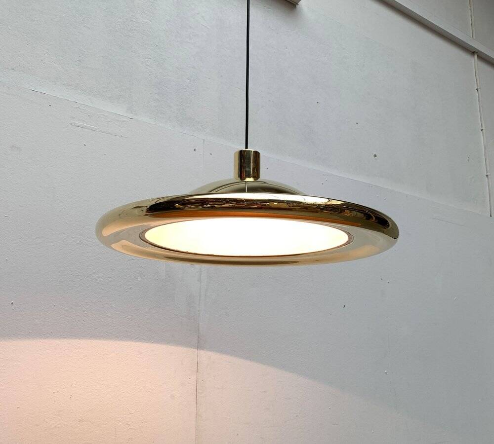 Postmodern Italian vintage brass suspension UFO model S-481 by Luci Italia, 1970s.