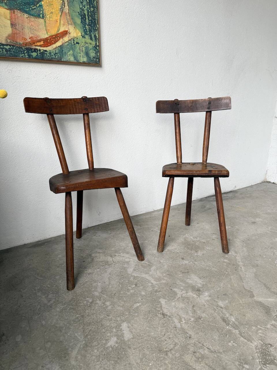 Pair of Savoyard tripod chairs, folk art, oak.