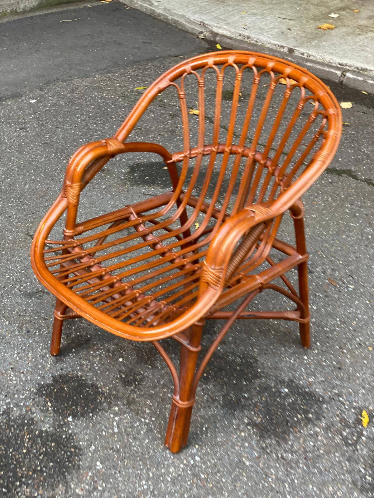 Adult rattan and wicker armchair, 1975, with beige cushion