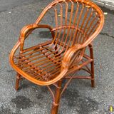 Adult rattan and wicker armchair, 1975, with beige cushion
