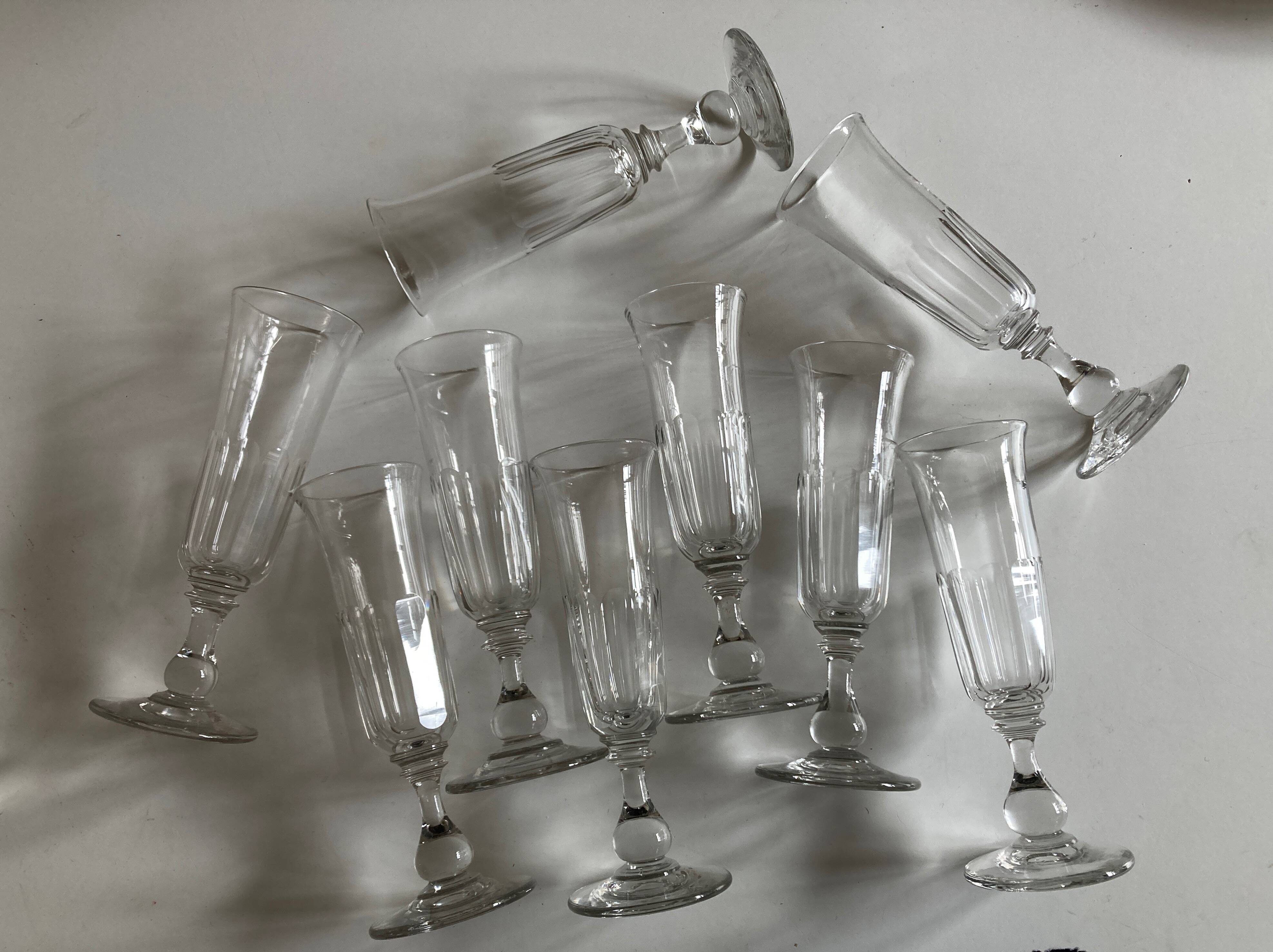 Set of 9 Louis Philippe tulip champagne flutes with flat sides mid 19th