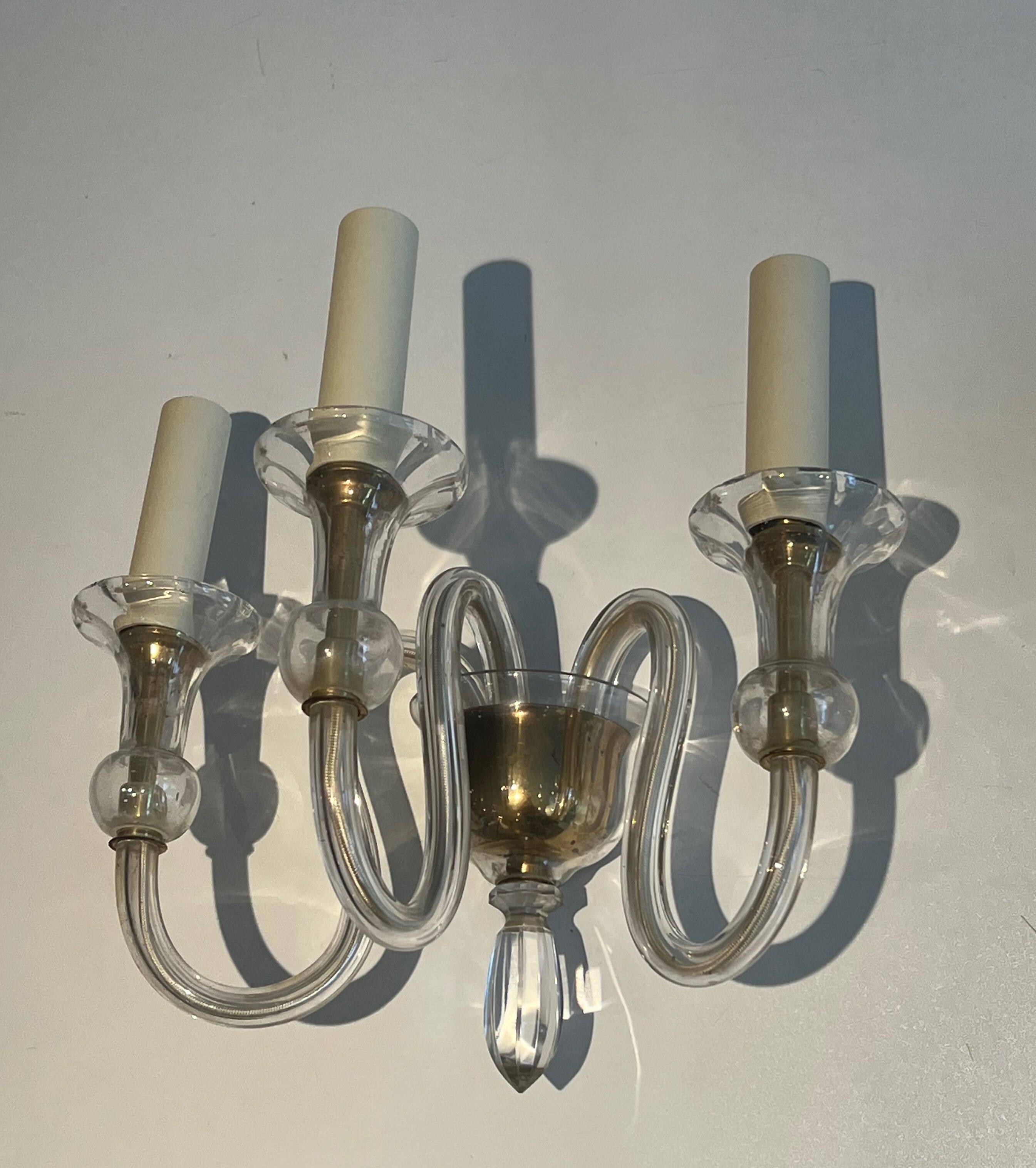 Pair of Murano crystal wall lights with 3 arms.