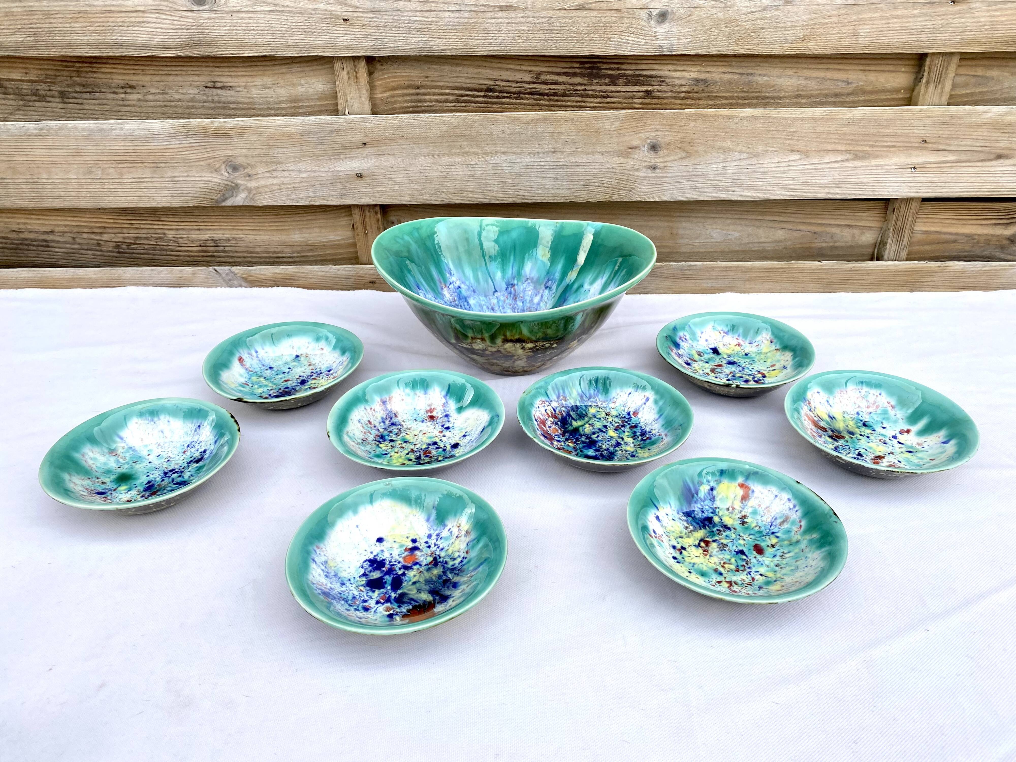 Salad bowl dessert service & 8 ramekins sandstone from the vintage Morvan 70s