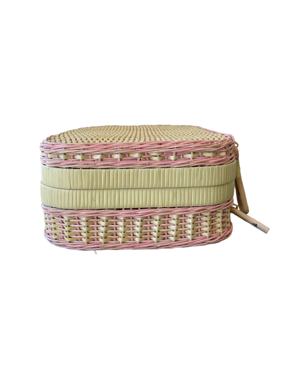 Vintage yellow and pink wicker suitcase 90s