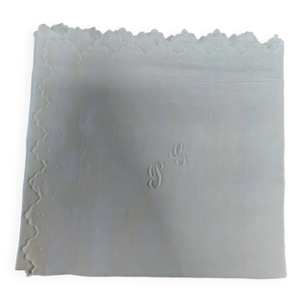 Taie d'oreiller ancienne lin blanc monogramme brodé BG 42 X 68 cm