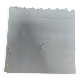 Old white linen pillowcase embroidered monogram BG 42 x 68 cm