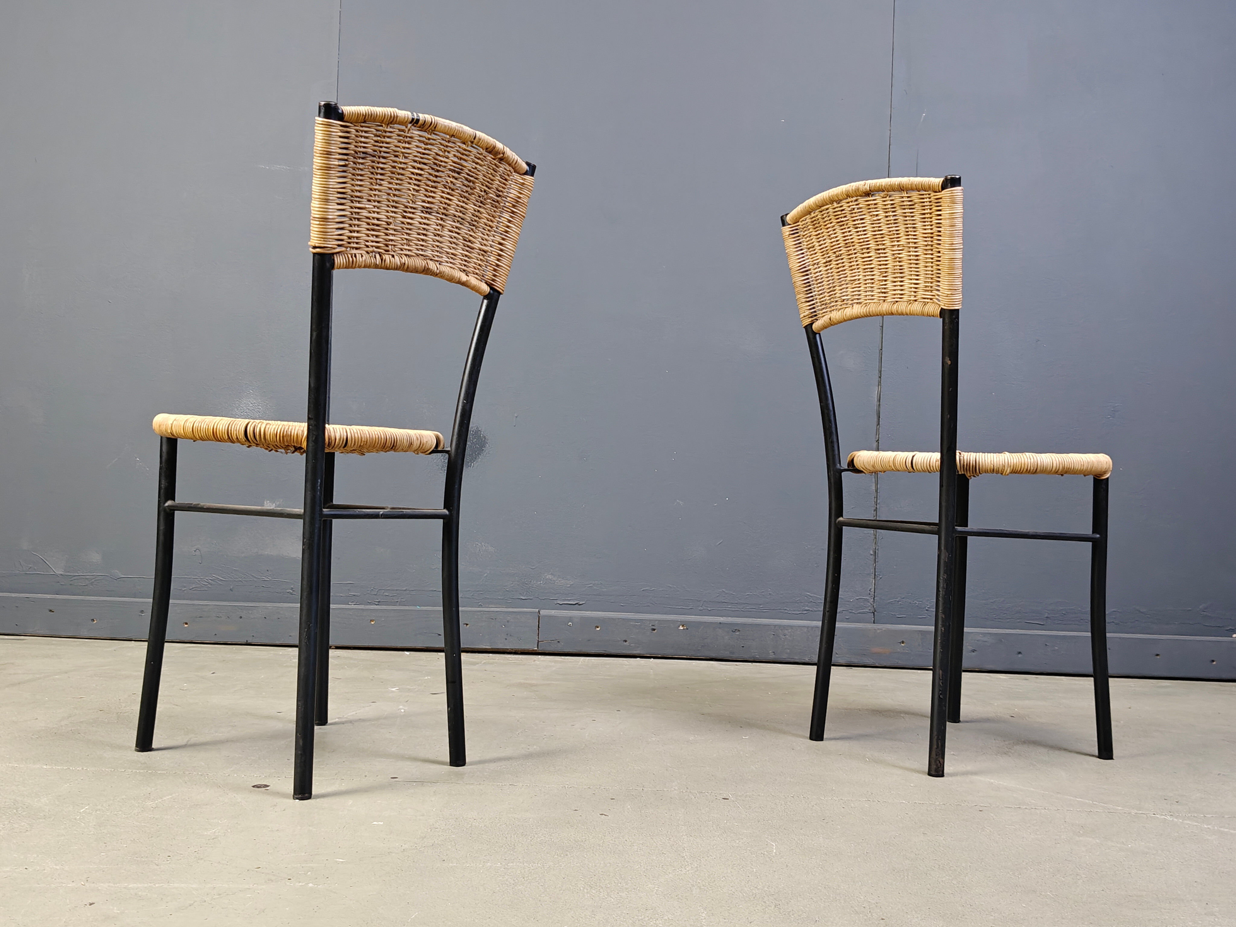 Wicker and metal dining chairs, 1980s - set of 4