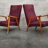 Pair of French beech armchairs from the 60s, tartan fabric