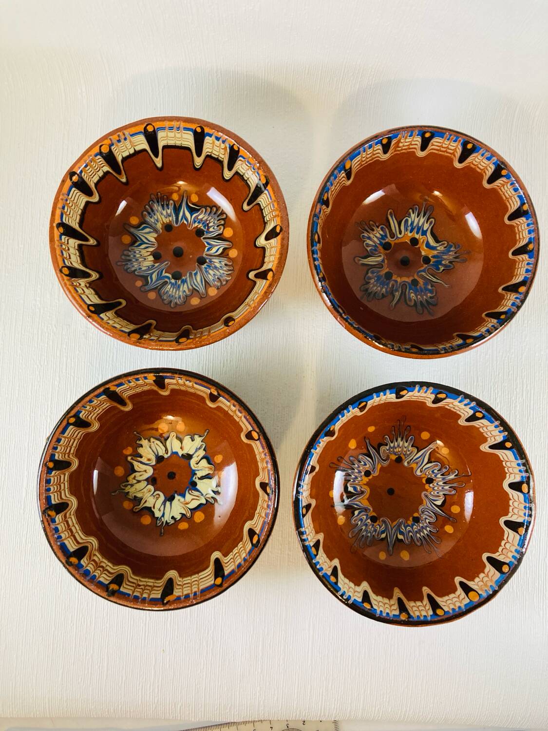 4 bowls + 2 saucers glazed terracotta Bulgarian Monastery of Troyan