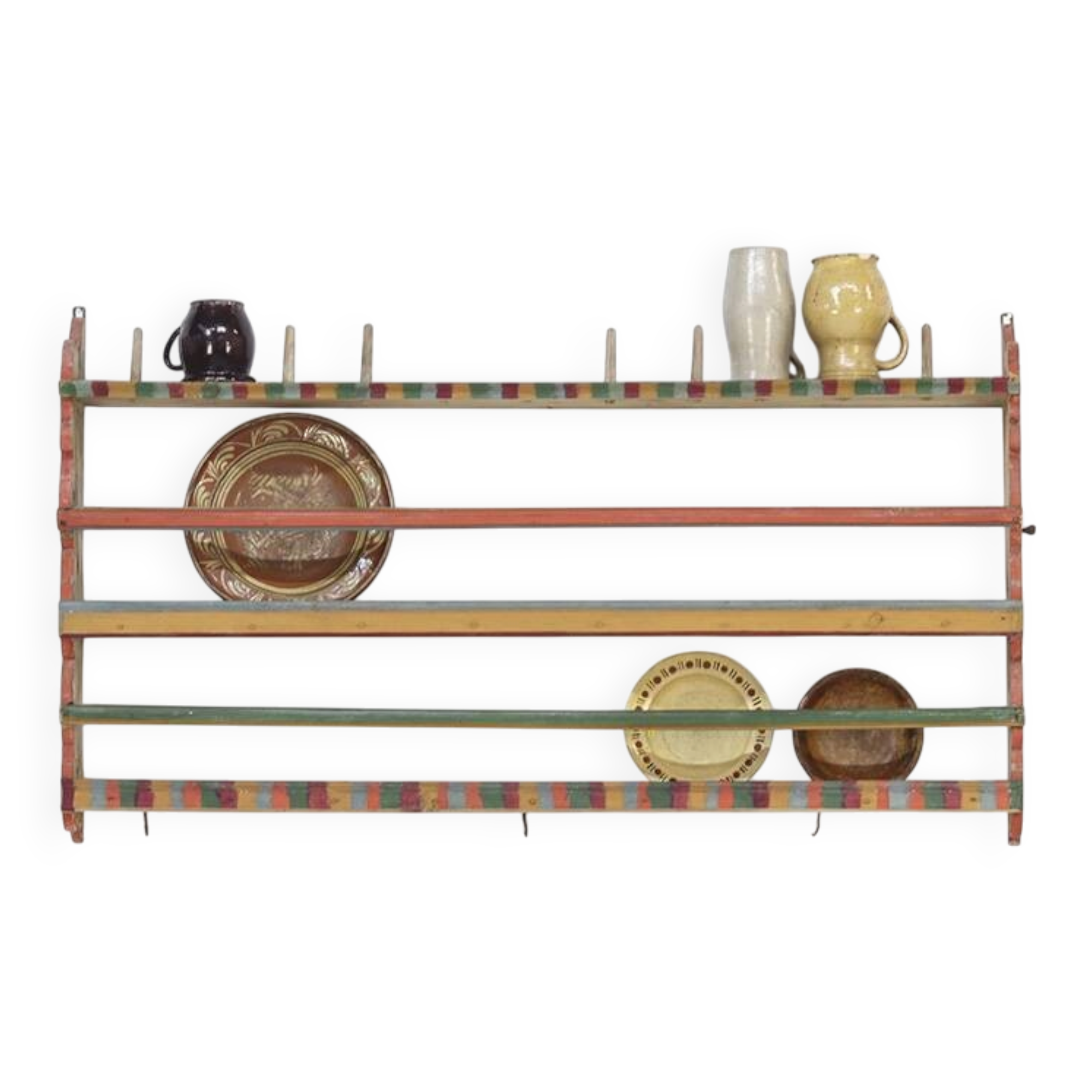 Antique Rustic Farmhouse Folk Art Painted Kitchen Plate Rack / Wall Shelve