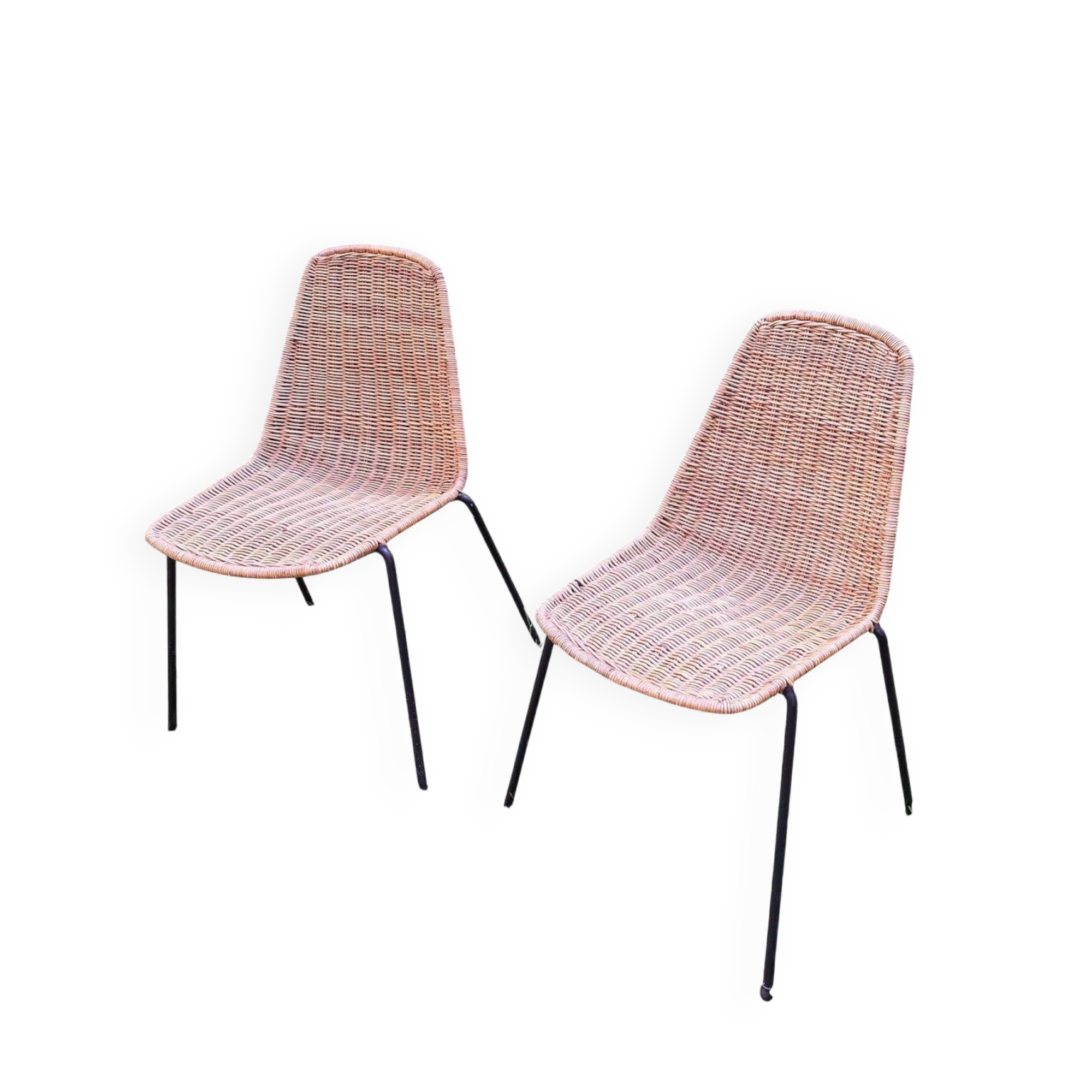 Pair of Legler rattan and metal dining / stacking chairs, Switzerland 1960s