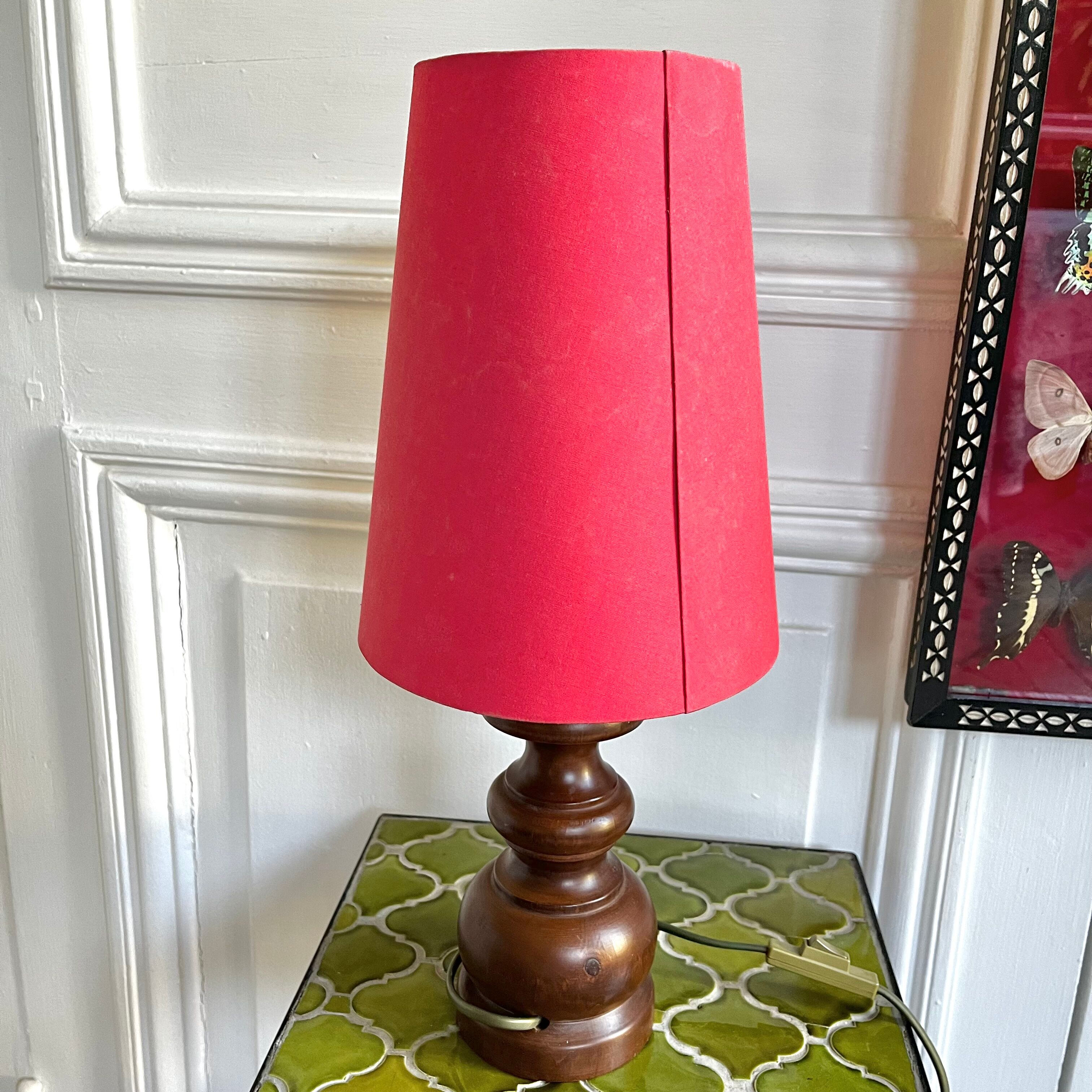 Turned wood lamp with vintage cone shade