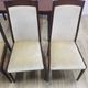 Table and four chairs set, brown wood, beige fabric, Denmark, 1970s.