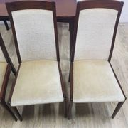Table and four chairs set, brown wood, beige fabric, Denmark, 1970s.
