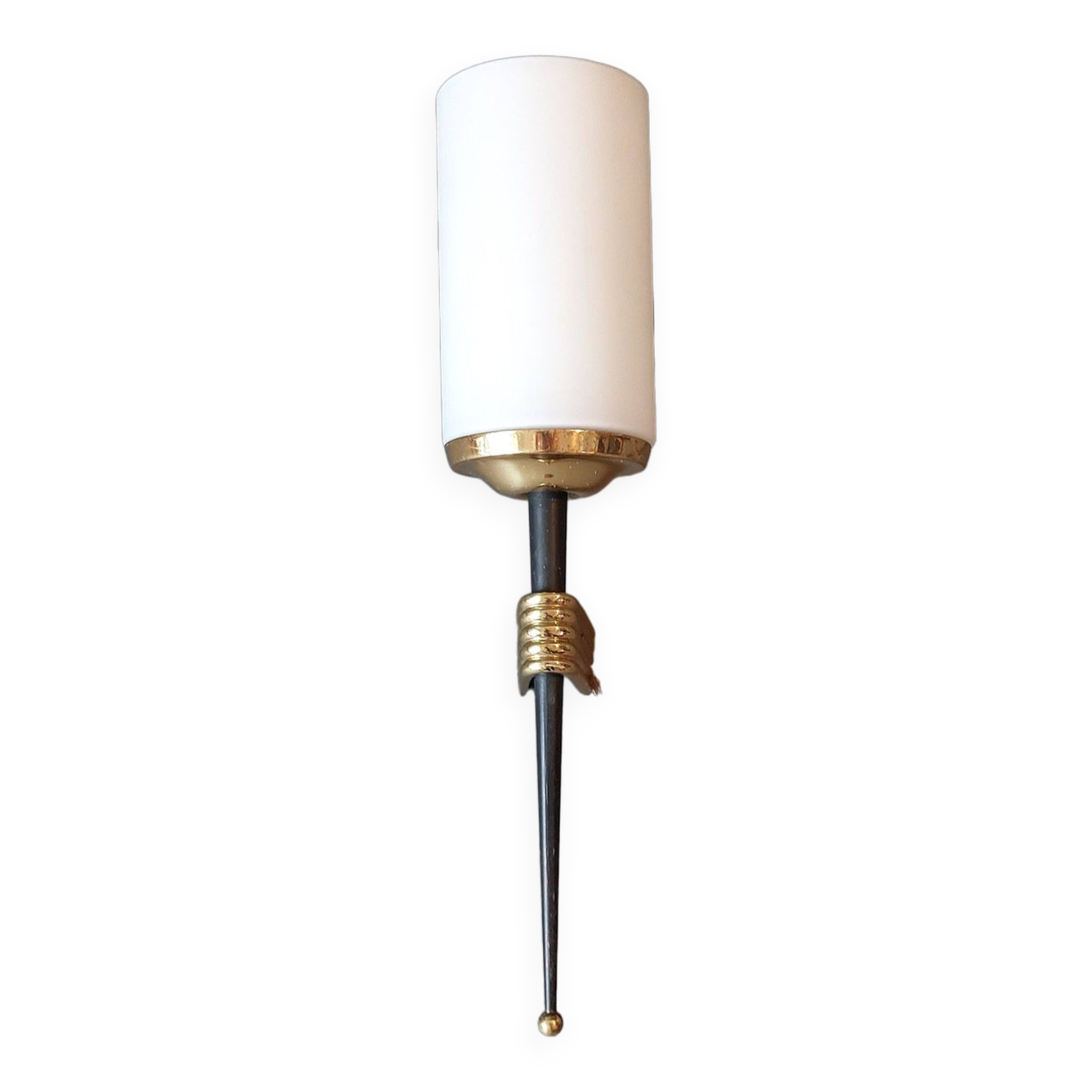 1960 torch wall light in gilded brass, metal and white opaline.