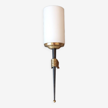 1960 torch wall light in gilded brass, metal and white opaline.