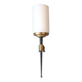 1960 torch wall light in gilded brass, metal and white opaline.