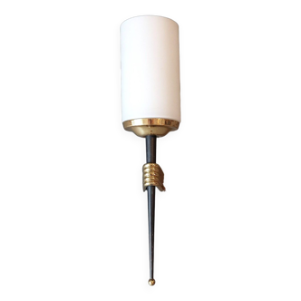 1960 torch wall light in gilded brass, metal and white opaline.