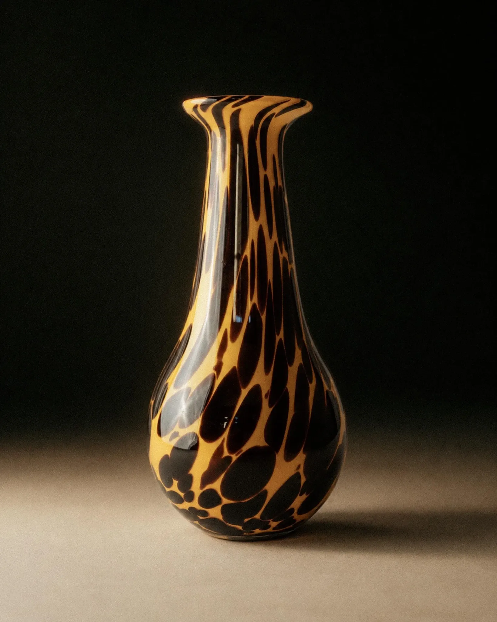 Vintage Murano glass vase from the 1990s, yellow art glass with black spots, postmodern Italian design.