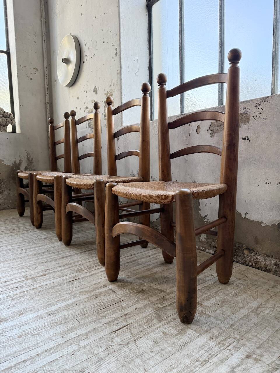 Set of 4 oak and straw chairs Dudouyt 1940