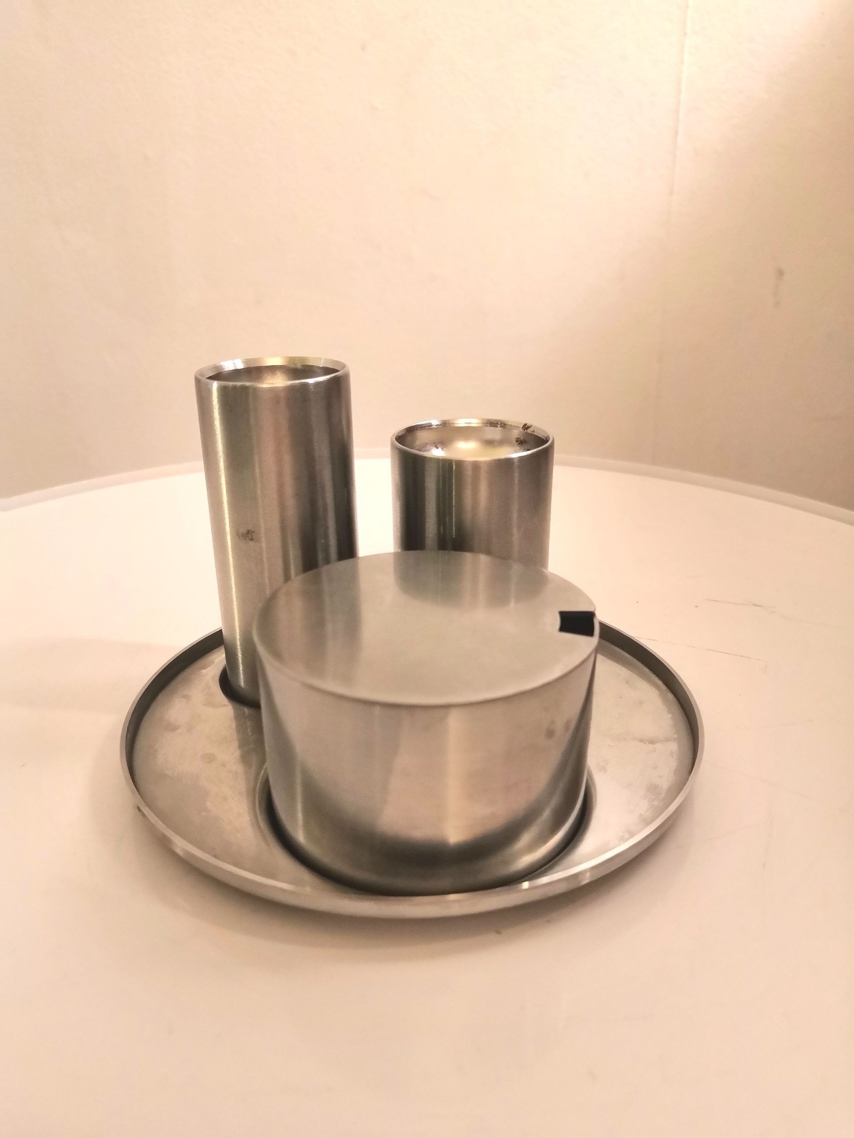Ménagère salt, pepper and mustard "cylinda" by Arne Jacobsen for Stelton, 1960