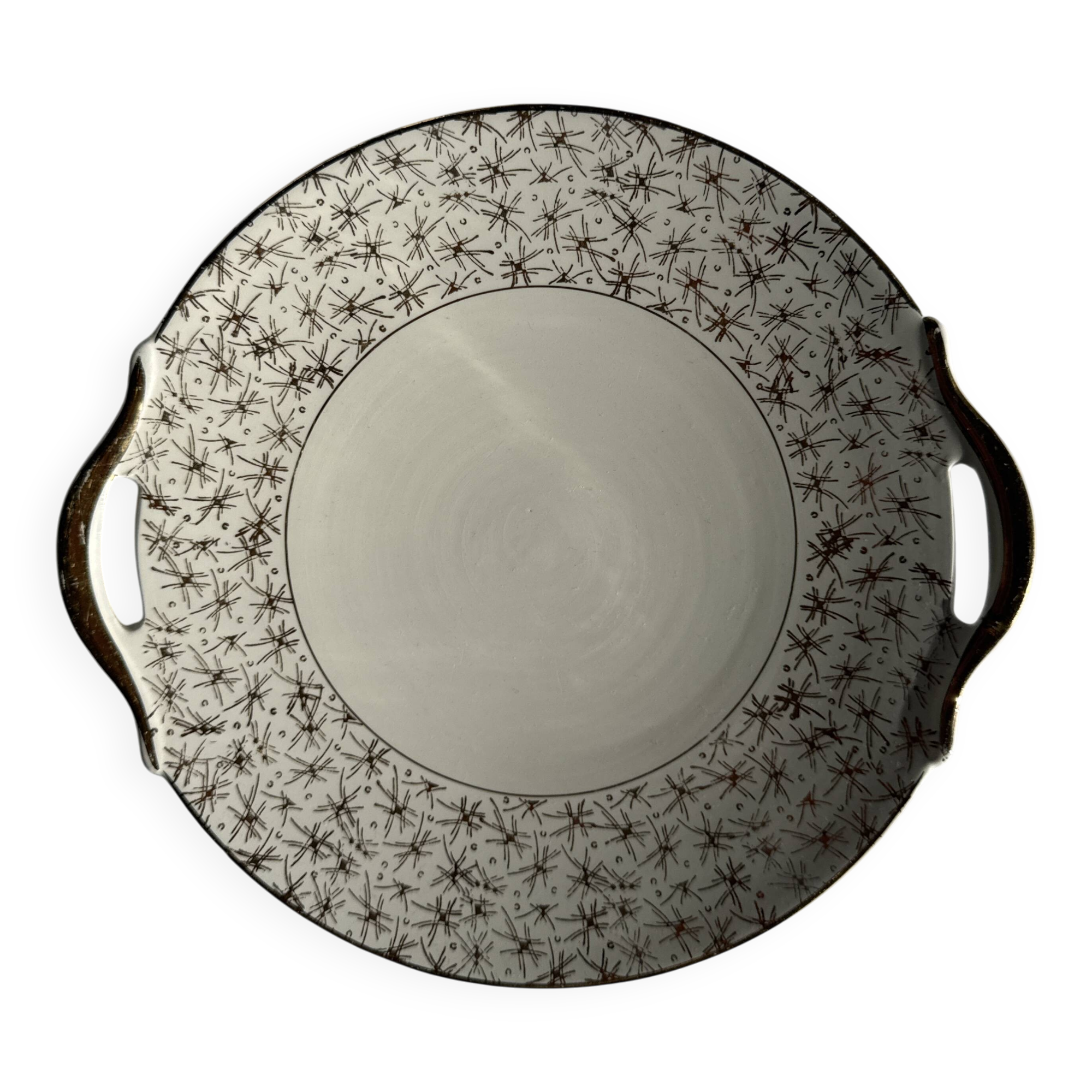 Vintage pie dish with 2 golden handles, abstract patterns, D28.
