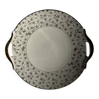 Vintage pie dish with 2 golden handles, abstract patterns, D28.