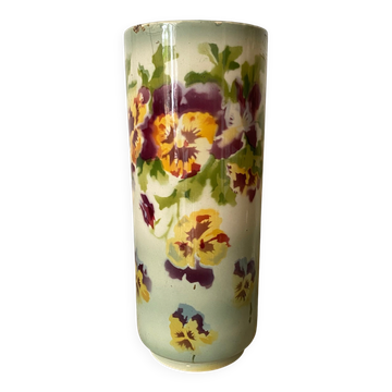 Grand vase tubulaire en Terre de Fer Choisy-le-Roi , décor de pensées