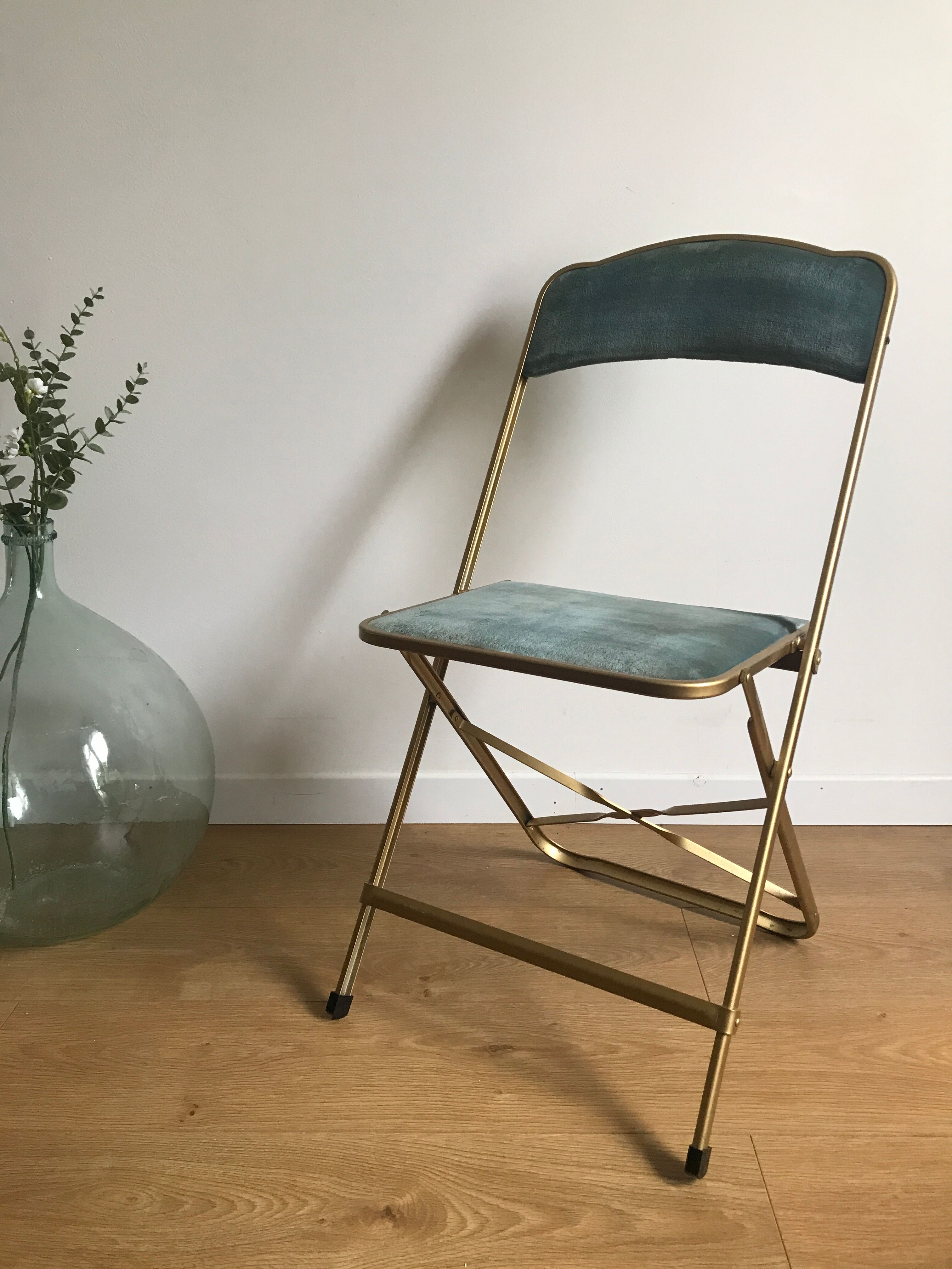 Vintage chaisor folding chair golden frame and blue velvet