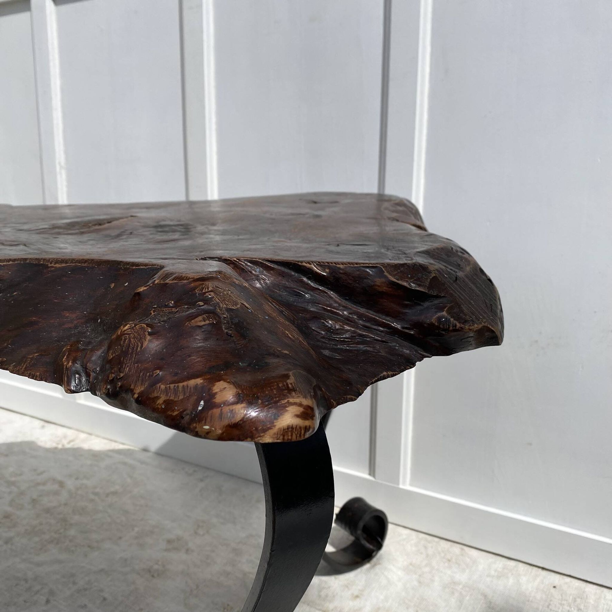 Brutalist coffee table in solid elm and wrought iron, ram's horn legs.