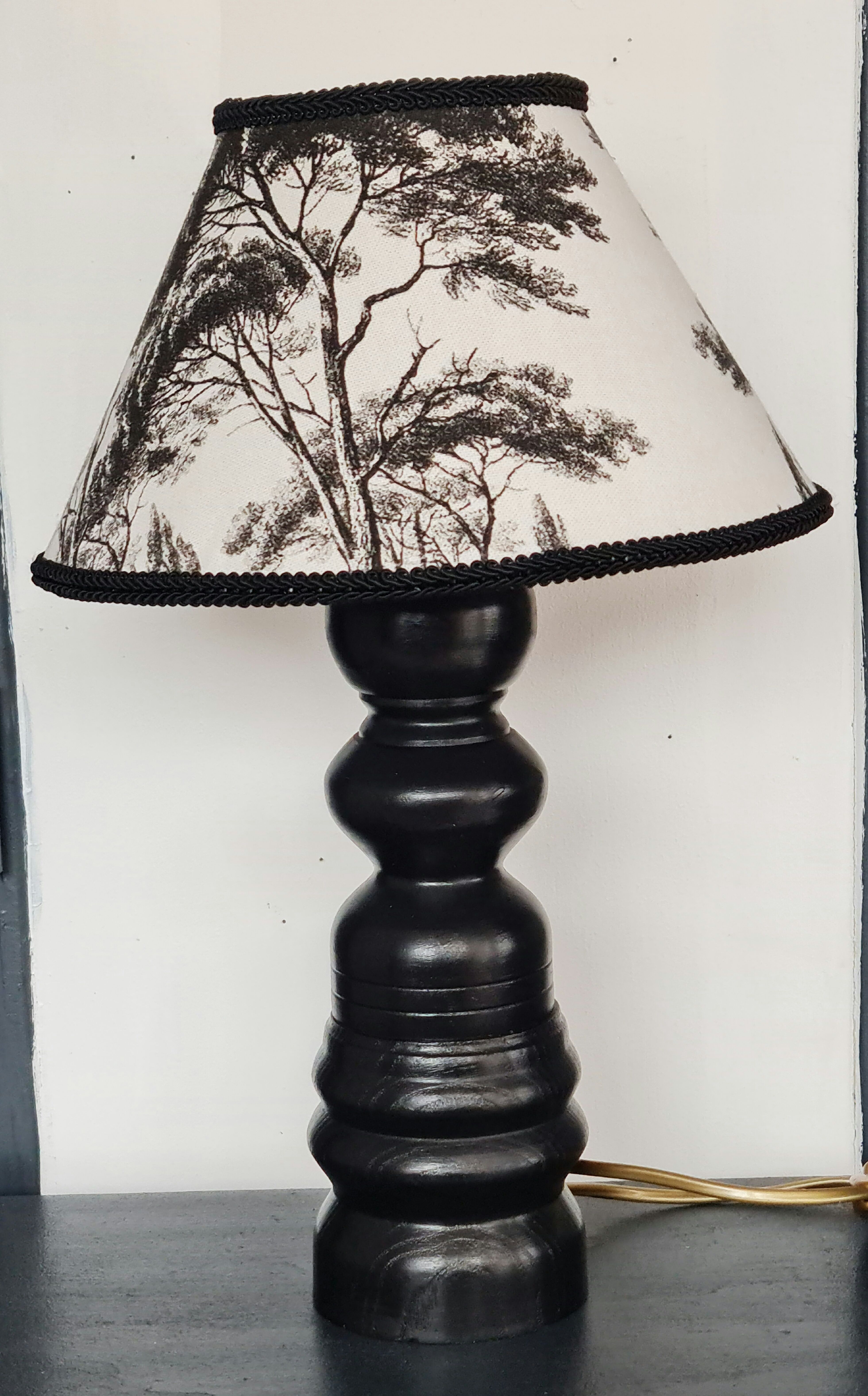 Table lamp foot wood made by cabinetmaker black abbat day cypress fabrics white and black
