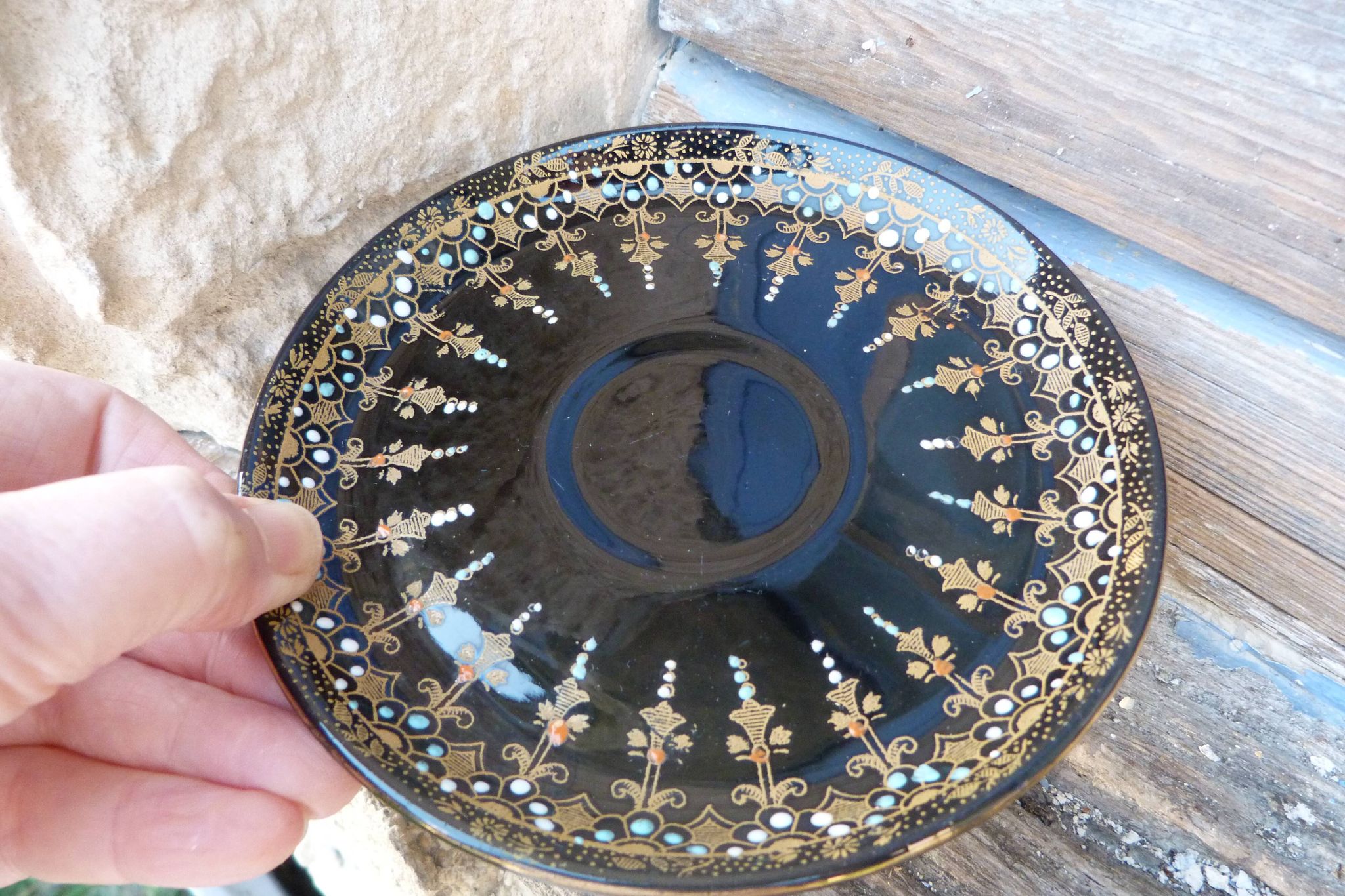 Black english ceramic cup and saucer enamelled